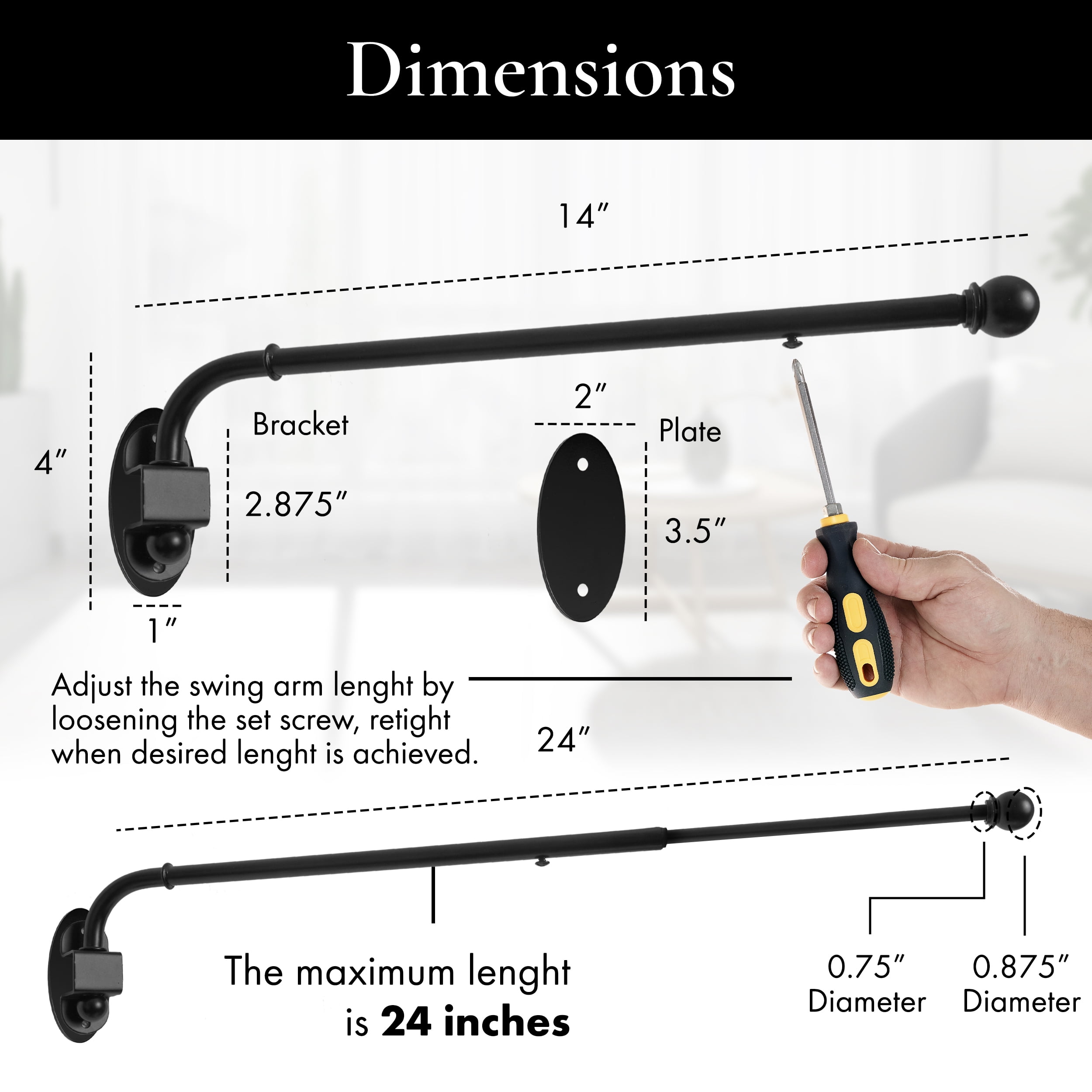 MERIVILLE 14"-24" Swing Arm Curtain Rod, 1/2" Diameter, Black, 2 Pieces
