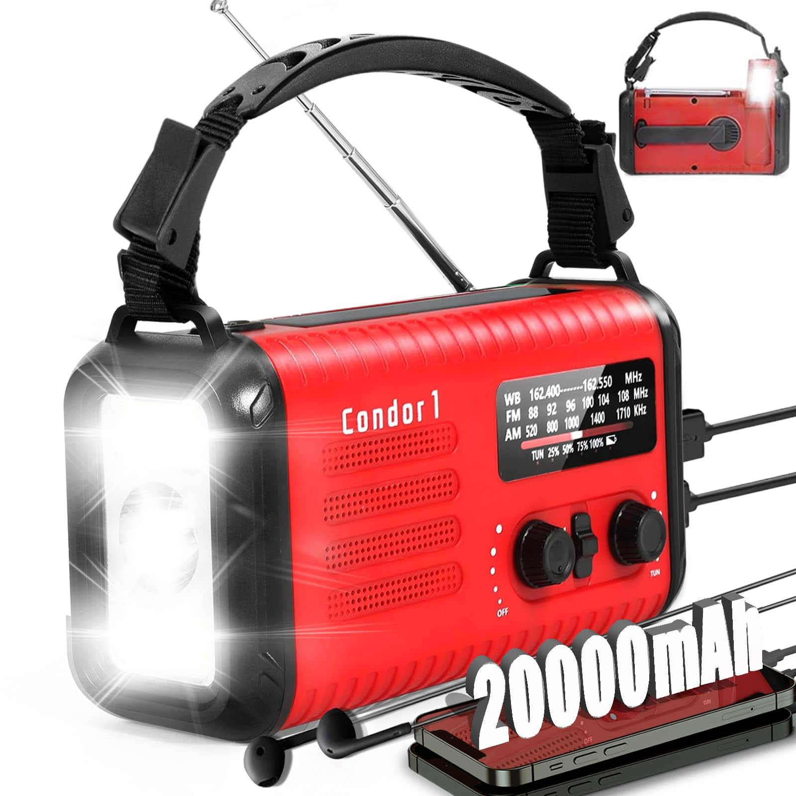 20000mah / 74000mwh Emergency Radio  Solar Hand Crank Am/fm/noaa Weather With Cell Phone Sos Alarm Flashlight & Reading Lamp (red)
