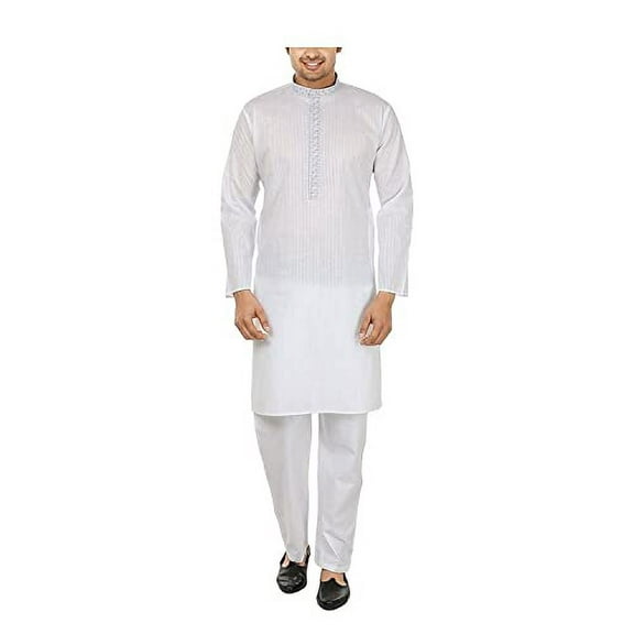 Royal Kurta Mens Self Embroidered Cotton Kurta Pyjama Set White