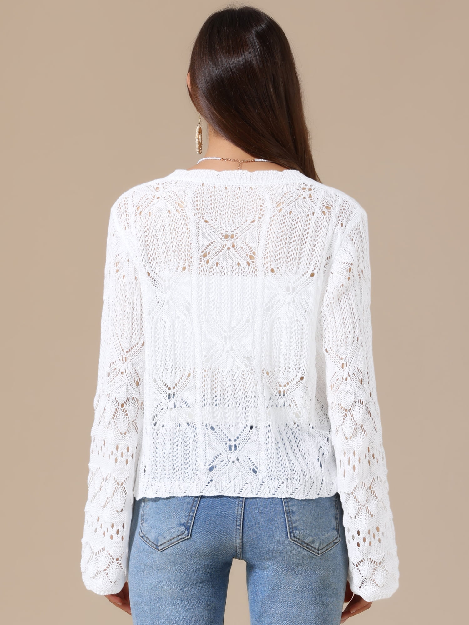 DARING DIVA Women's Crochet Bolero Shrug Long Sleeve Tie Front Cardigan M White