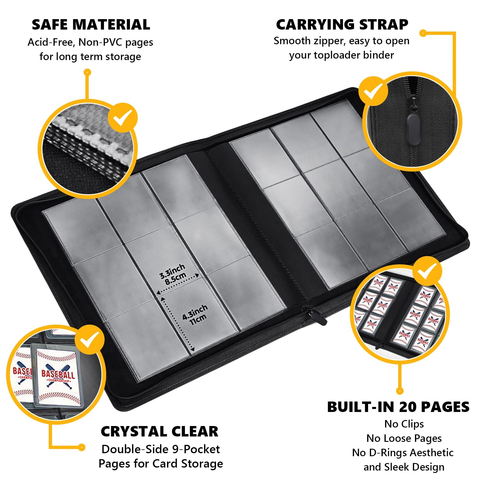 Toploader Binder, Holds 360 Toploaders, 9 Pocket Top Loader Binders with Sleeves for 3" x 4" Toploader Hard Cases, 20 Double Sided Pages, Compatible with Sports Card, Black