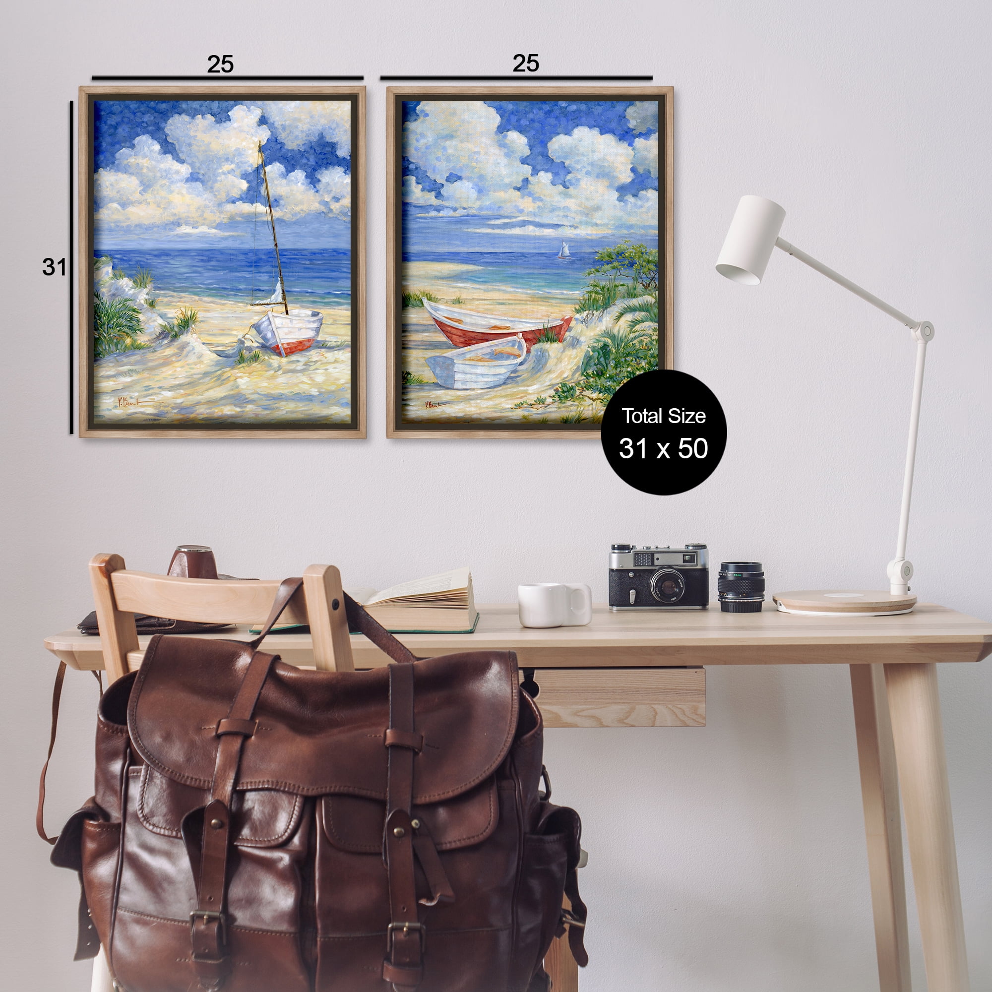 Stupell Industries Row Boat on Sandy Beach Nautical & Beach Painting Brown Floater Framed Canvas Art Print Wall Art, 31 x 25, Set of 2