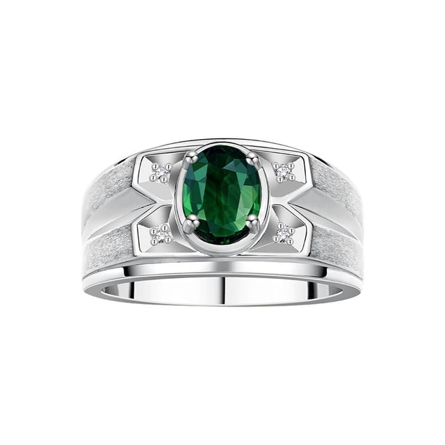 RYLOS Men's Rings Sterling Silver Rings Classic Designer Style 8X6MM Gemstone & Diamond Ring Green Sapphire September Birthstone Rings For Men, Size 8