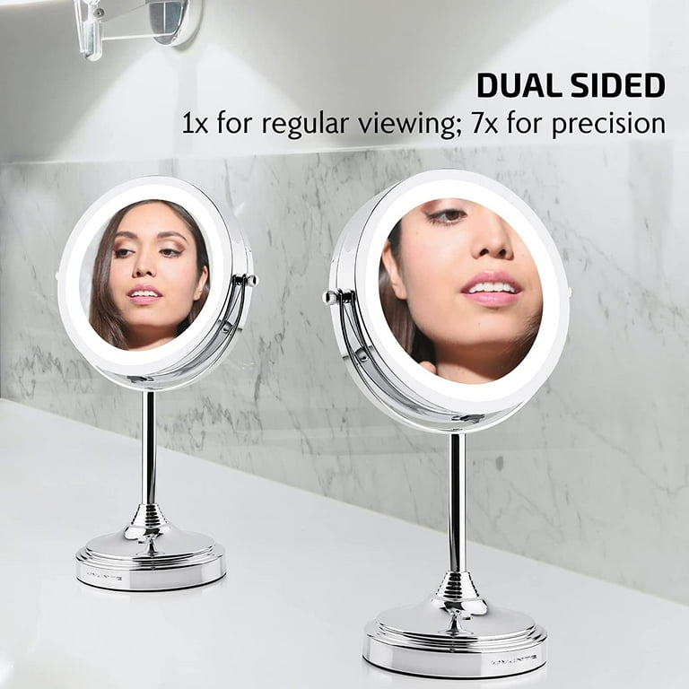 Ovente Lighted Makeup Mirror with Magnification, Rechargeable 8.5'' Vanity Table Top with Storage Tray, Dimmable Round LED, 10x Mini Magnetic Mirror