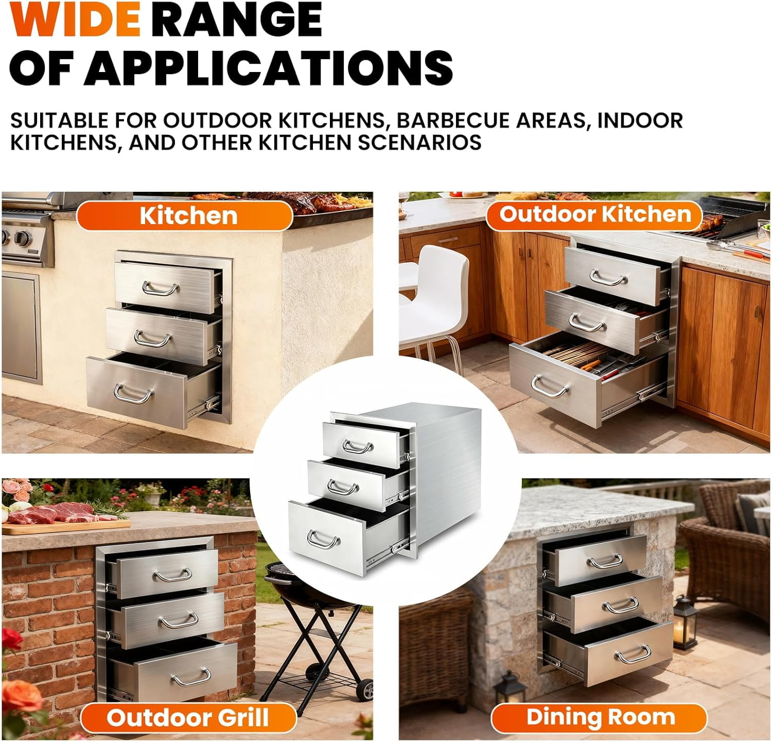 Stainless Steel Flush Mount BBQ Drawer, 18''W x 23''H x 23''D Outdoor Kitchen Cabinets, 3-Drawer BBQ Drawers with 3 x 48LBS/Tier Design for BBQ Island, Grill Area