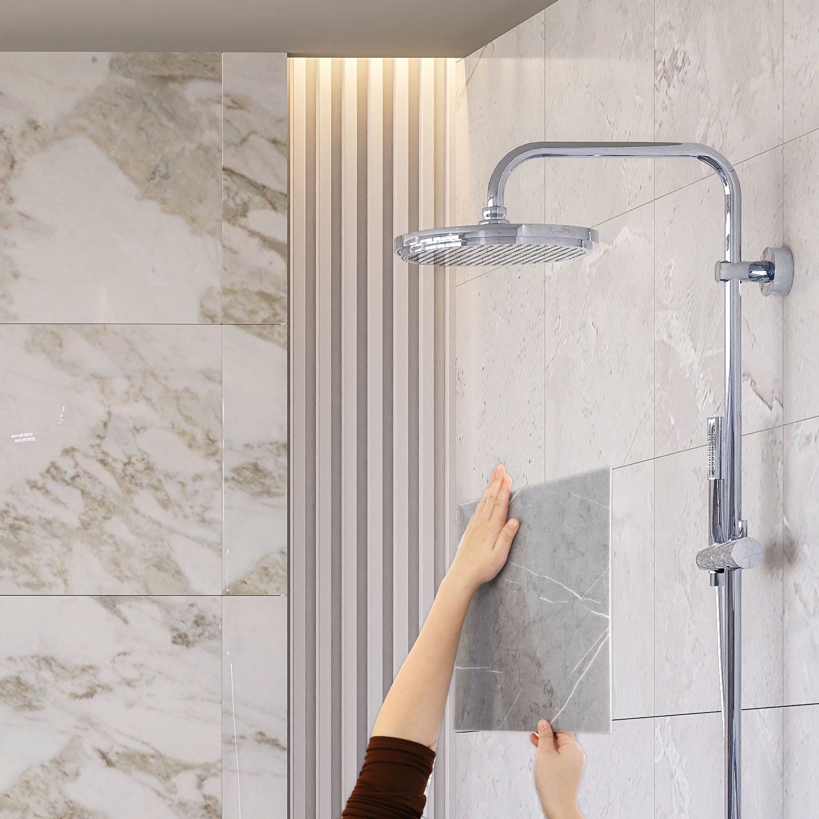 Uxcell 15Pcs Peel and Stick Marble Tiles, Waterproof Wall Panel Backsplash, 12"x12" Peel and Stick Shower Tiles for Bathroom, Thunder Grey Design