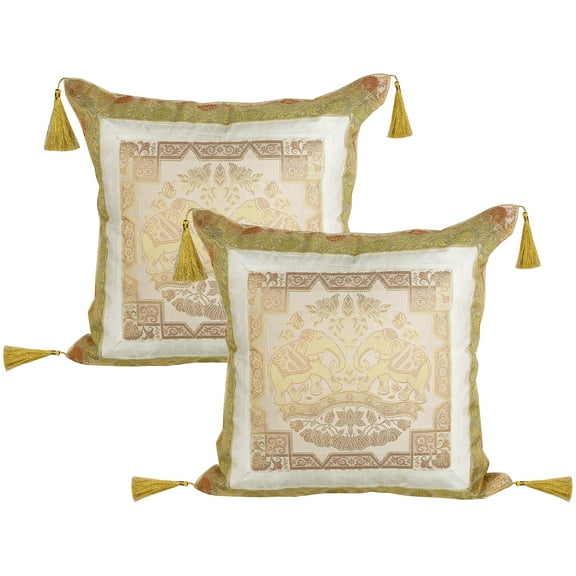 Stylo Culture Ethnic Brocade Decorative Throw Pillow Covers White Gold 18 x 18 Jacquard Tassels Couch Cushion Covers 45x45 cm Polydupion Silk Zippered Elephant Square Pillowcases | Set Of 2