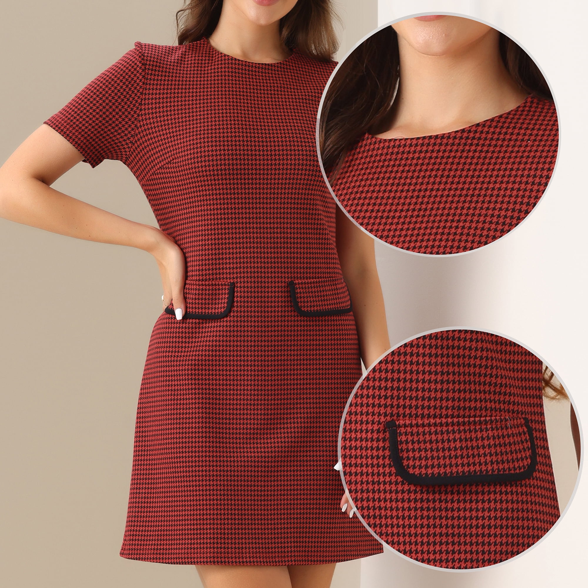 DARING DIVA Women's Dress Short Sleeve Vintage Houndstooth Dresses S Red Houndstooth