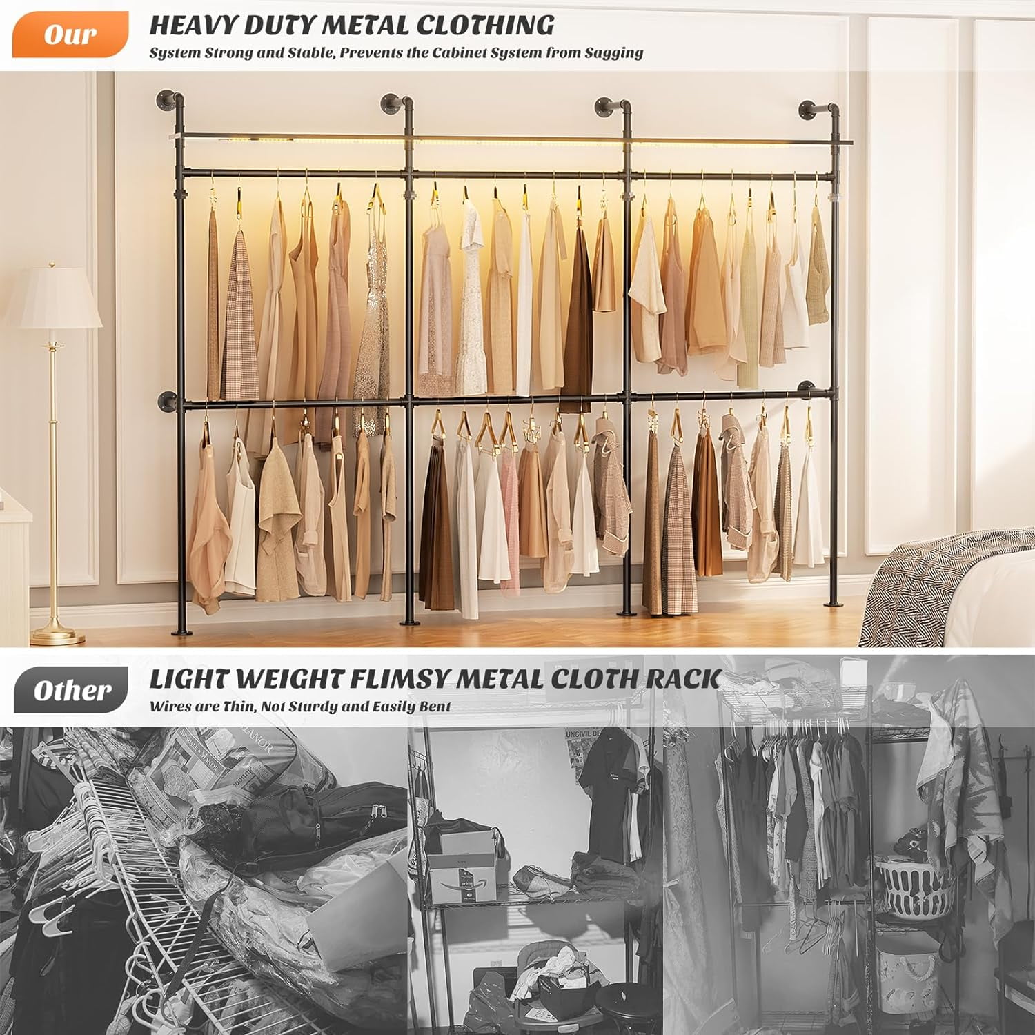 Homieasy Industrial Pipe Clothing Rack, Heavy Duty Garment Rack Closet Wardrobe Rack with LED Lights& Shelves, Black