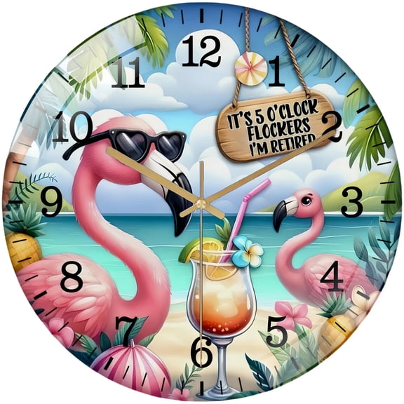 Round Glass Wall Clock, Glass Wall Clock，It's 5 O'clock Flockers, I'm Retired Flamin-go Coastal Sublimated Wreath Glass Wall Clock Style 12×12inch(30×30cm)