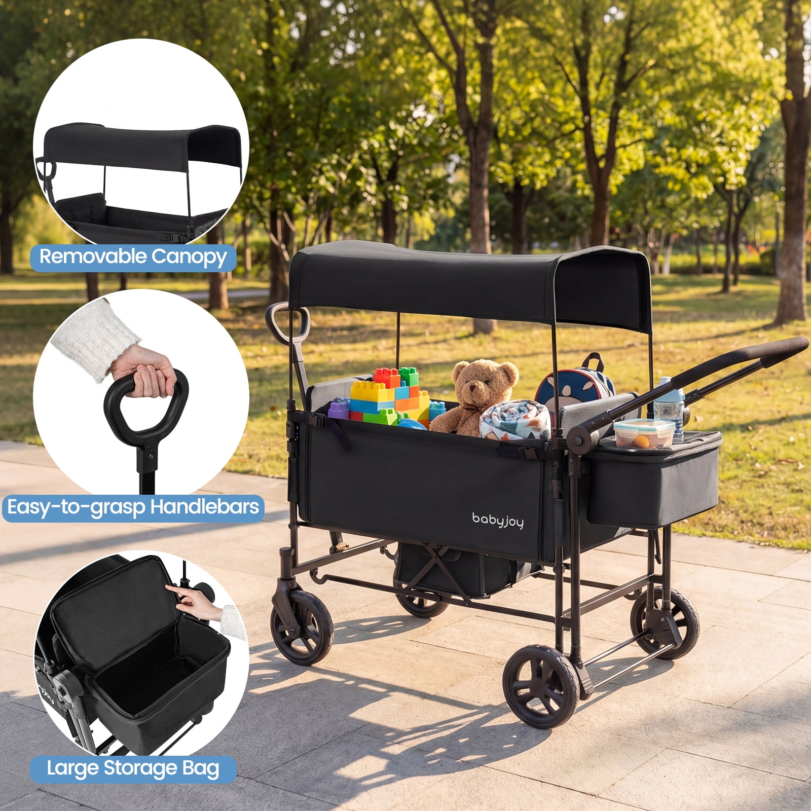 Babyjoy Foldable Wagon Stroller ,Baby Stroller with Removable Canopy,Adjustable Handle Black