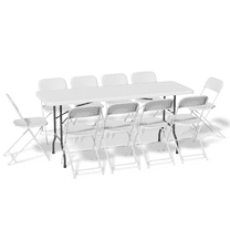 MoNiBloom 11-Piece Indoor Folding Dining Table with 10 White Chairs Set, 6 Ft White Foldable Table w/Handle, Picnic Desk