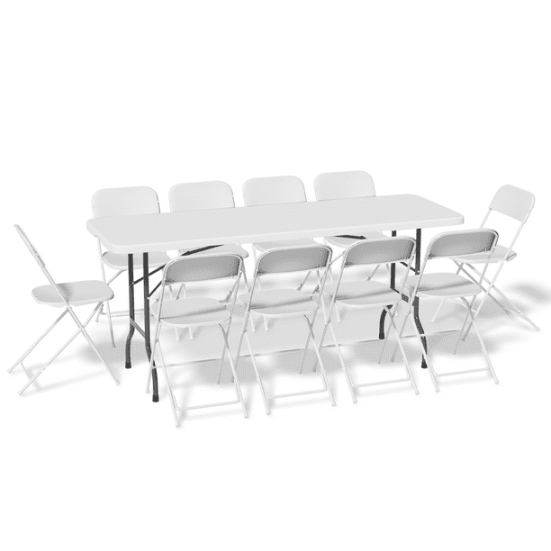 MoNiBloom 11Piece Indoor Folding Dining Table with 10 White Chairs Set