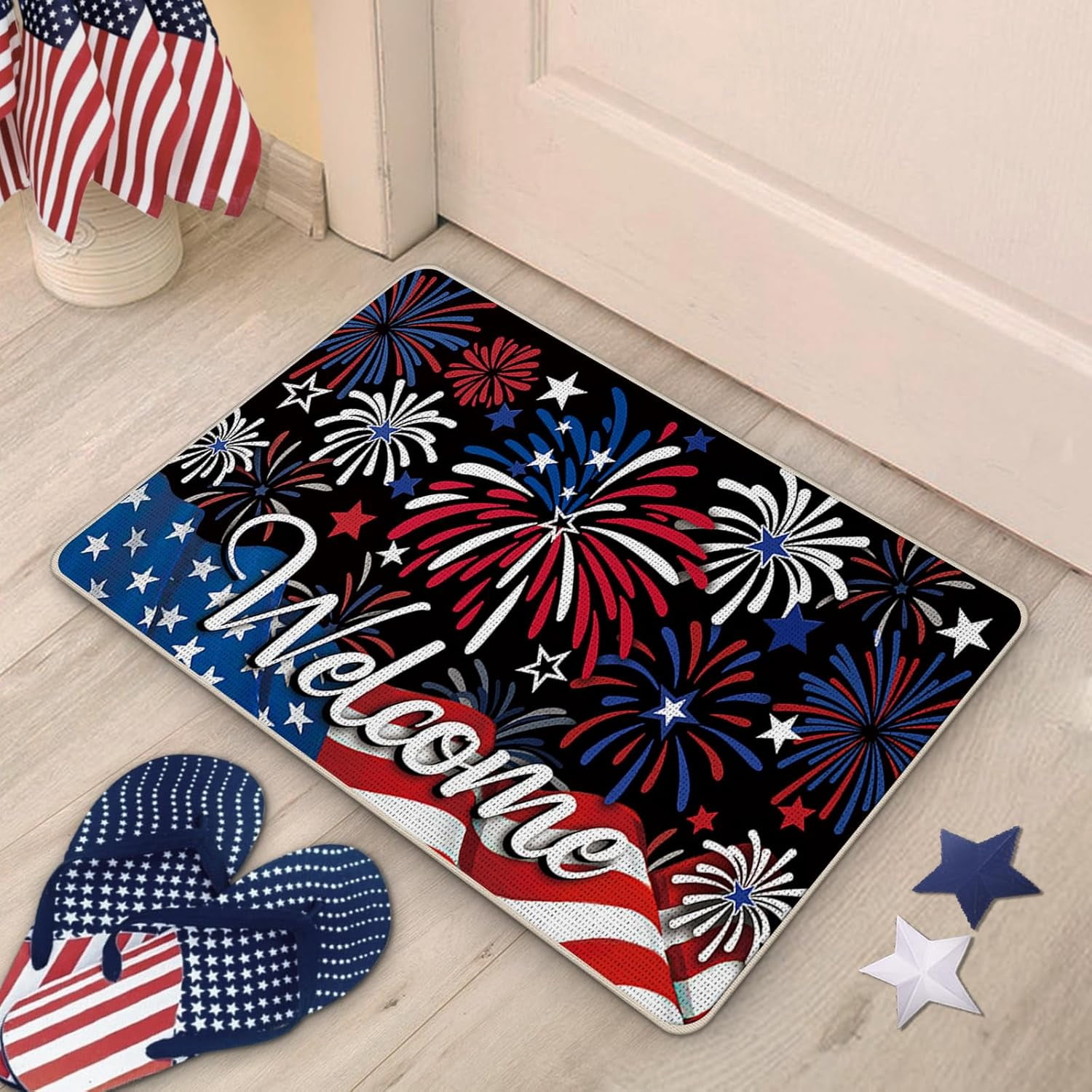 4th of July Patriotic Welcome Front Door Mat, America Fireworks Stars Decorative Doormat Non-Slip Floor Entryway Rug, American USA Indoor Outdoor Home Kitchen Decoration 17x29 Inches