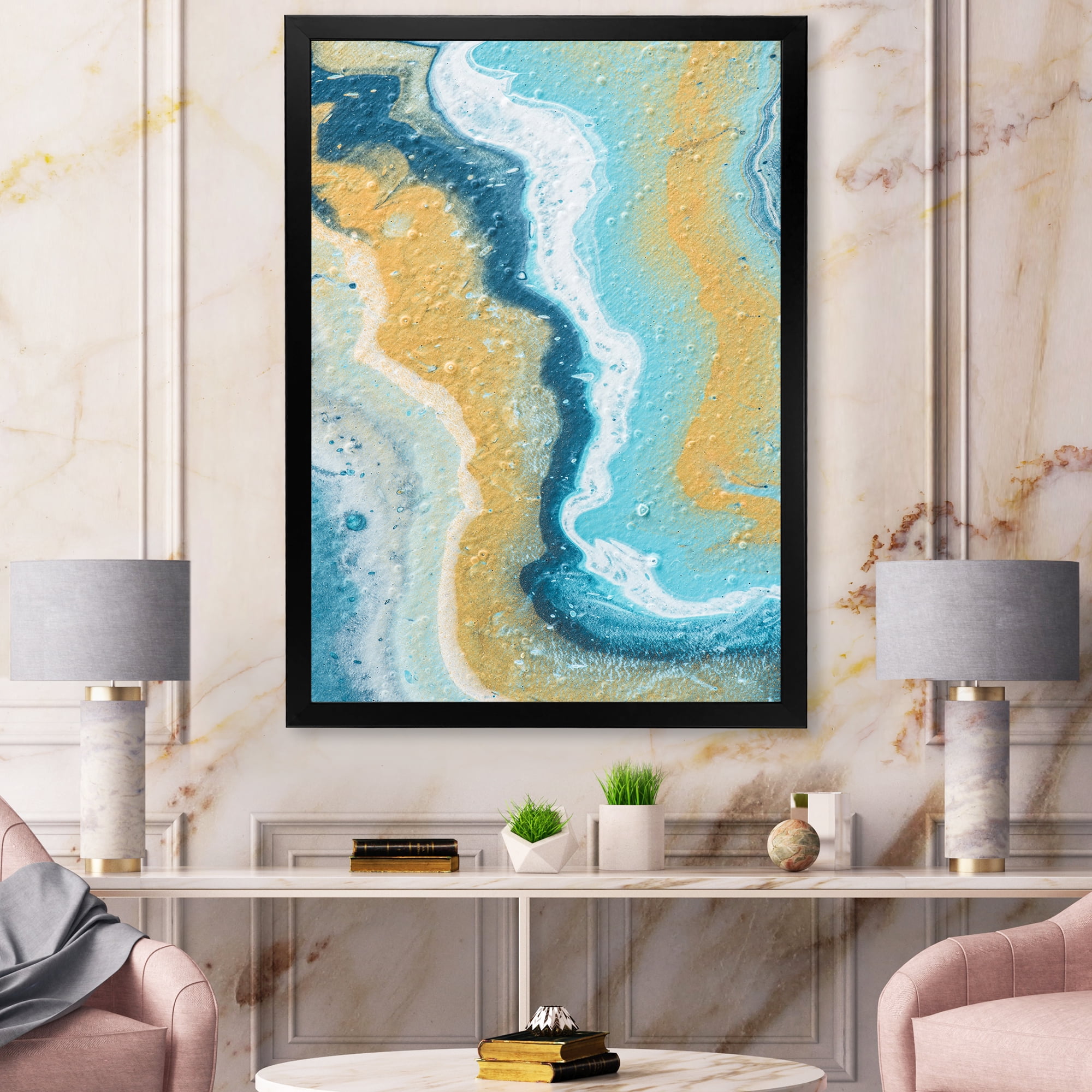 Designart 'Abstract Marble Composition In Blue and Yellow III' Modern Framed Art Print