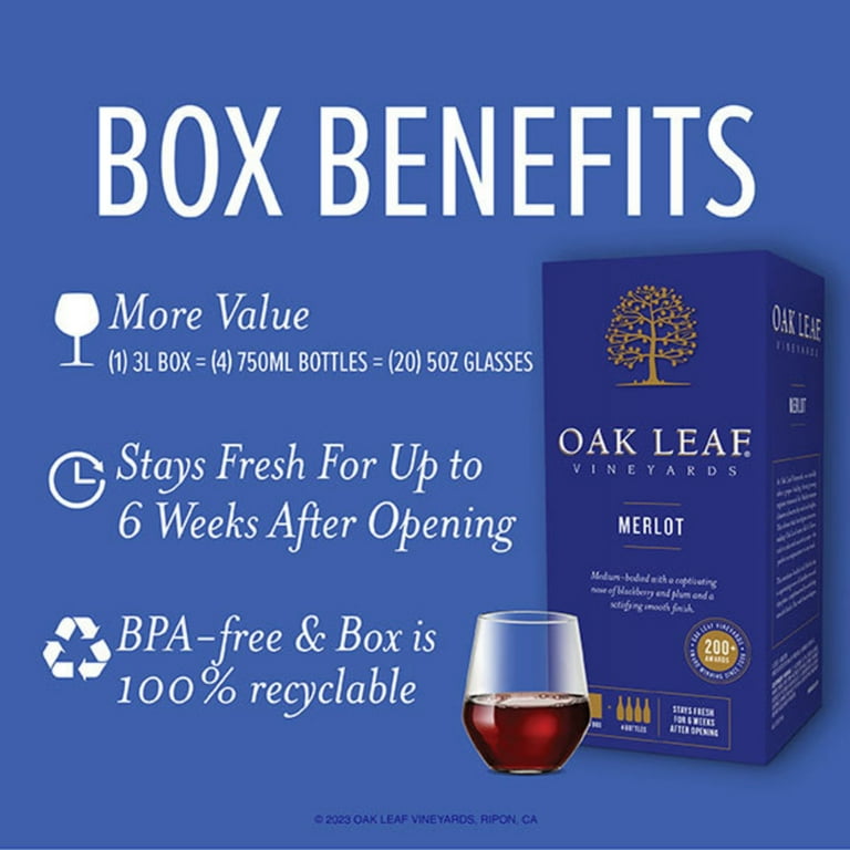 Oak Leaf Vineyards Merlot Red Wine, 3 L Bag in Box, 13% ABV