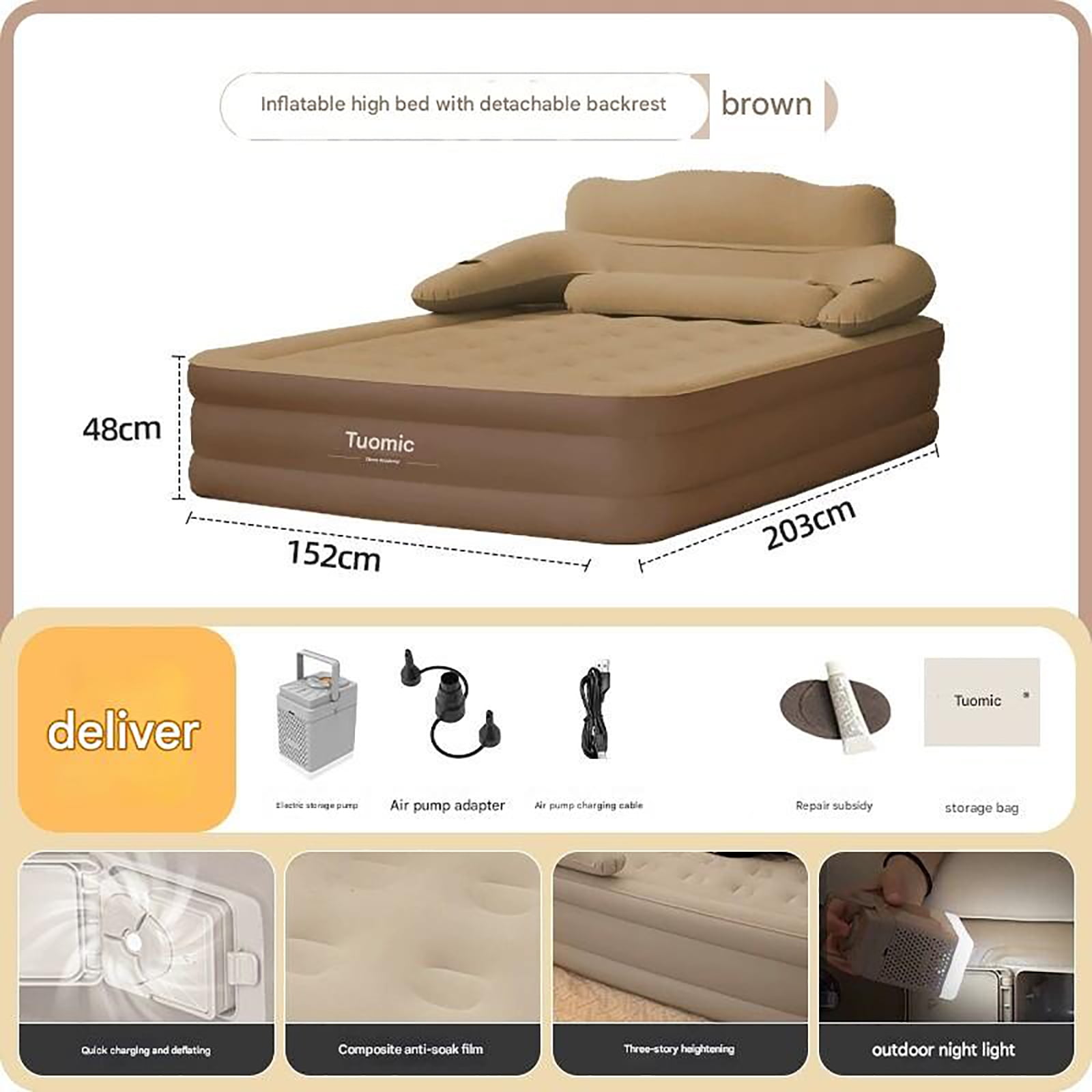 KFeng 18in Queen Brown Inflatable Air Mattress with Headboard,Built-in & Removable Pump,Camping & Home Use