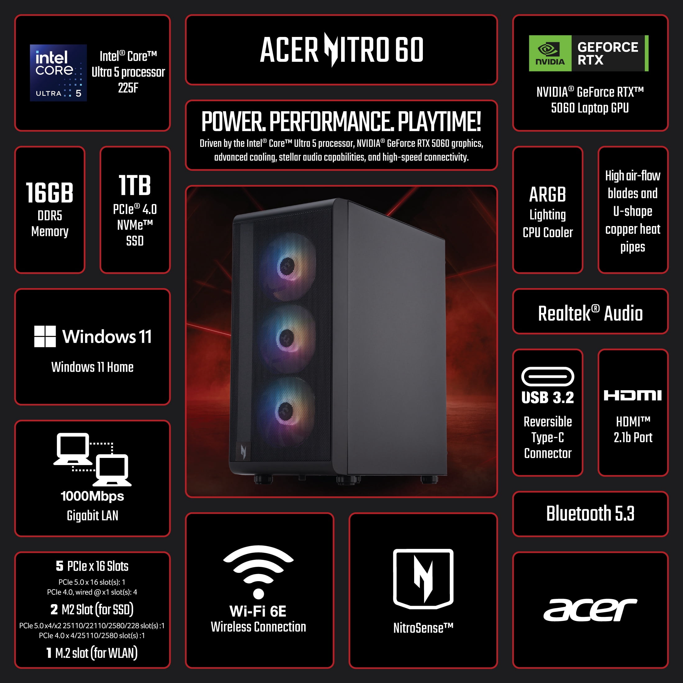 Acer Nitro 60 Gaming Desktop, Intel Core Ultra 5 Processor 225F, NVIDIA GeForce RTX 5060 8GB, 16GB DDR5, 1TB SSD, Black, N60-651-UR21