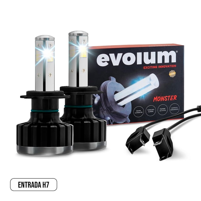 luces led para auto - evolum - modelo monster 12,500 lúmenes - resistencia al agua - haz de luz perfecto: luz blanca, par H7 con dos módulos LED plateados y cuerpo de aluminio negro acanalado, conectores H7 Can Bus visibles y caja EVOLUM Monster al fondo; ideal para actualizar faros delanteros y mejorar visibilidad en carretera.
