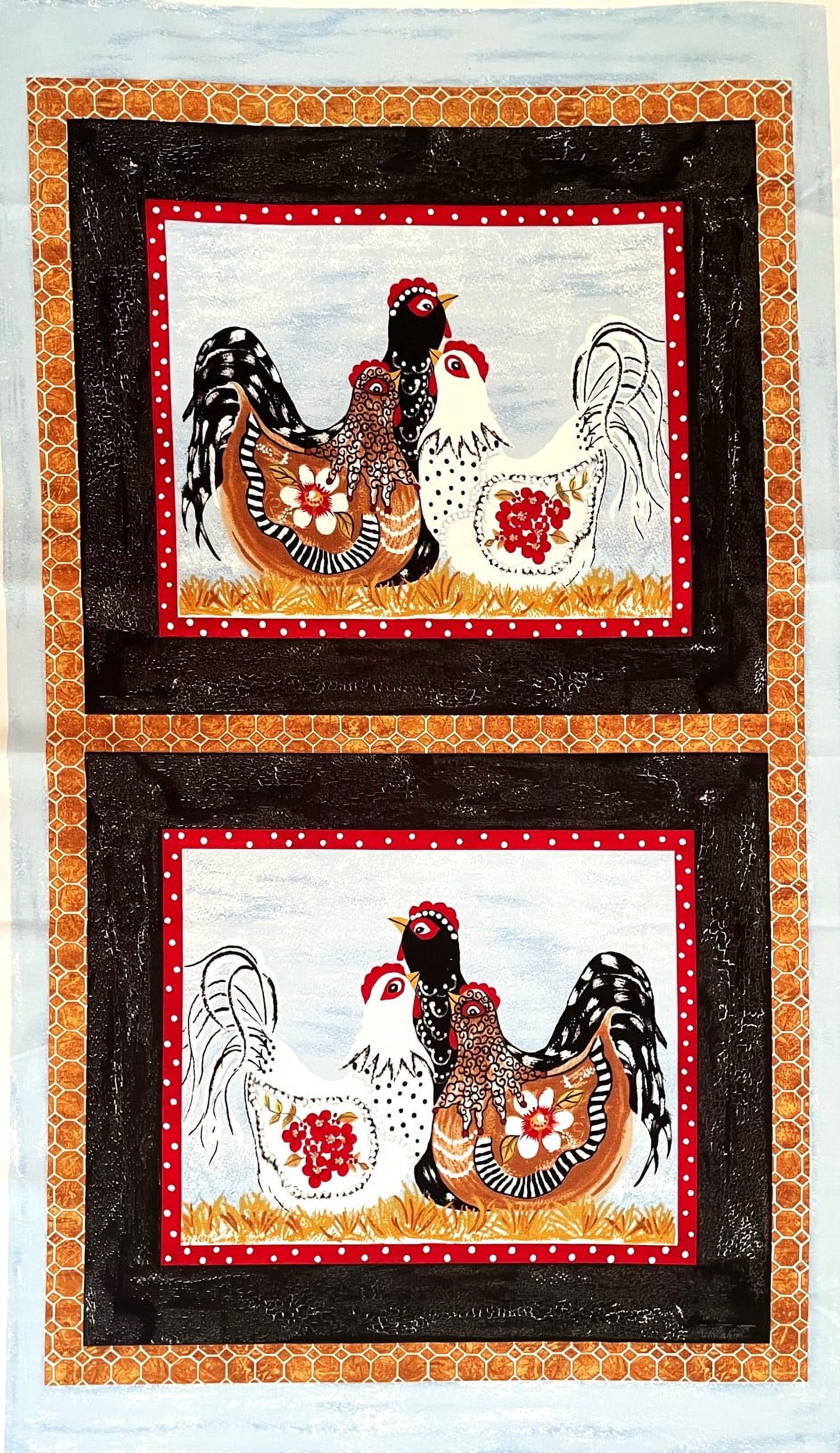 Prosperity Chickens Three French Hens Block Cotton Fabric Quilt Pillow Panel (Great for Quilting, Sewing, Craft Projects, Wall Hangings, and More) 23" X 44"