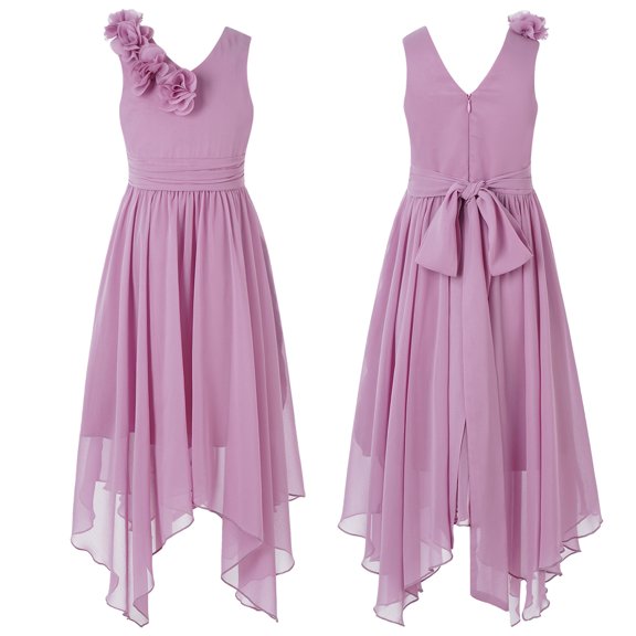 iiniim Kids Flower Girls 3D Applique Party Dress V Neck High Low Hem Gowns Princess Pageant Ball Gown