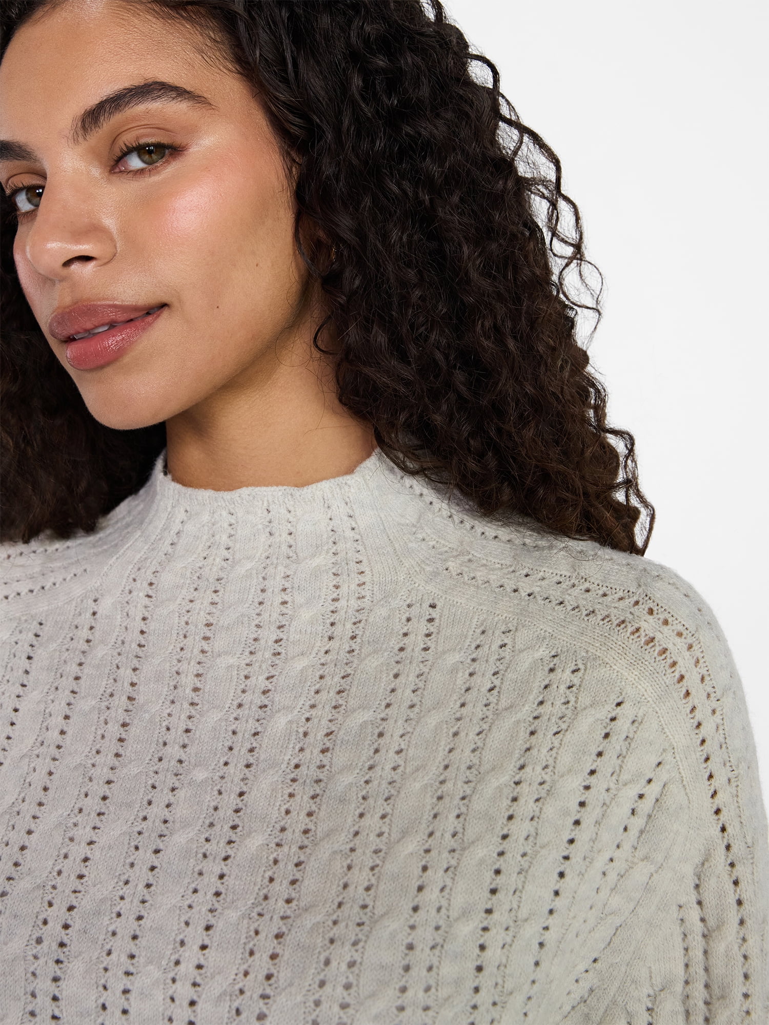 Time and Tru Women's Pointelle Mock Neck Sweater with Long Sleeves, Lightweight, Sizes, XS-XXXL