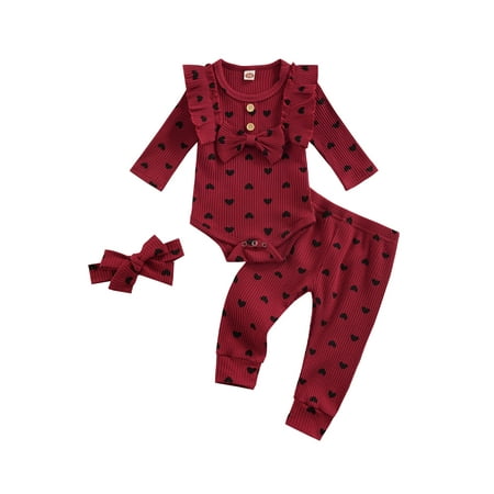 

aturustex Baby Girl Outfits Clothes Heart Print Ribbed Knitted Cotton Long Sleeve Romper Top +Long Pants + Bow Headband Fall 3Pcs