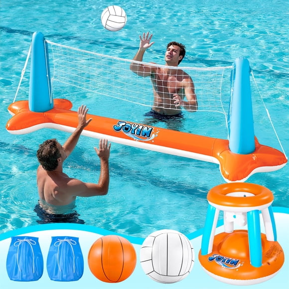 Joyfy Inflatable Pool Float Set Volleyball Net & Basketball Hoops, 2 Balls, 2 Weight Bags Included for Kids and Adults Swimming Game Toy, Volleyball Court (266.7 * 88.9 cm)|Basketball (68.5 x 58.4 cm)