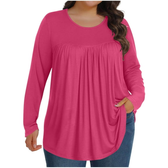 yievot Womens Plus Size Tunic Tops Long Sleeve Crew Neck Shirts Pleated Dressy Casual Blouse L-5XL