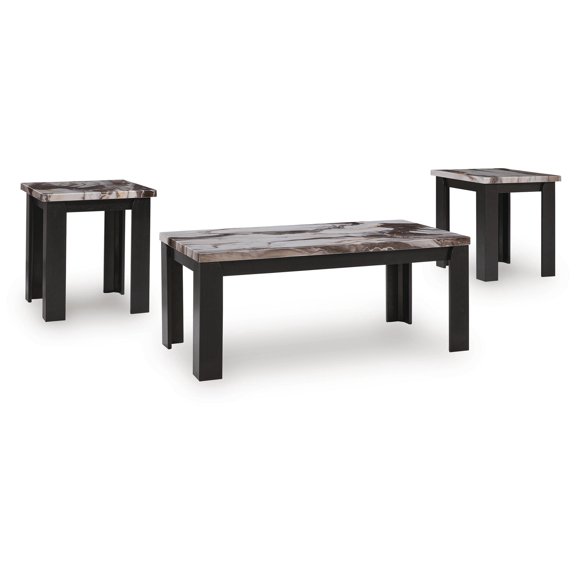 Signature Design by Ashley Jazmore 3-Piece Coffee Table Set with End Tables - Dark Brown/Faux Marble Finish