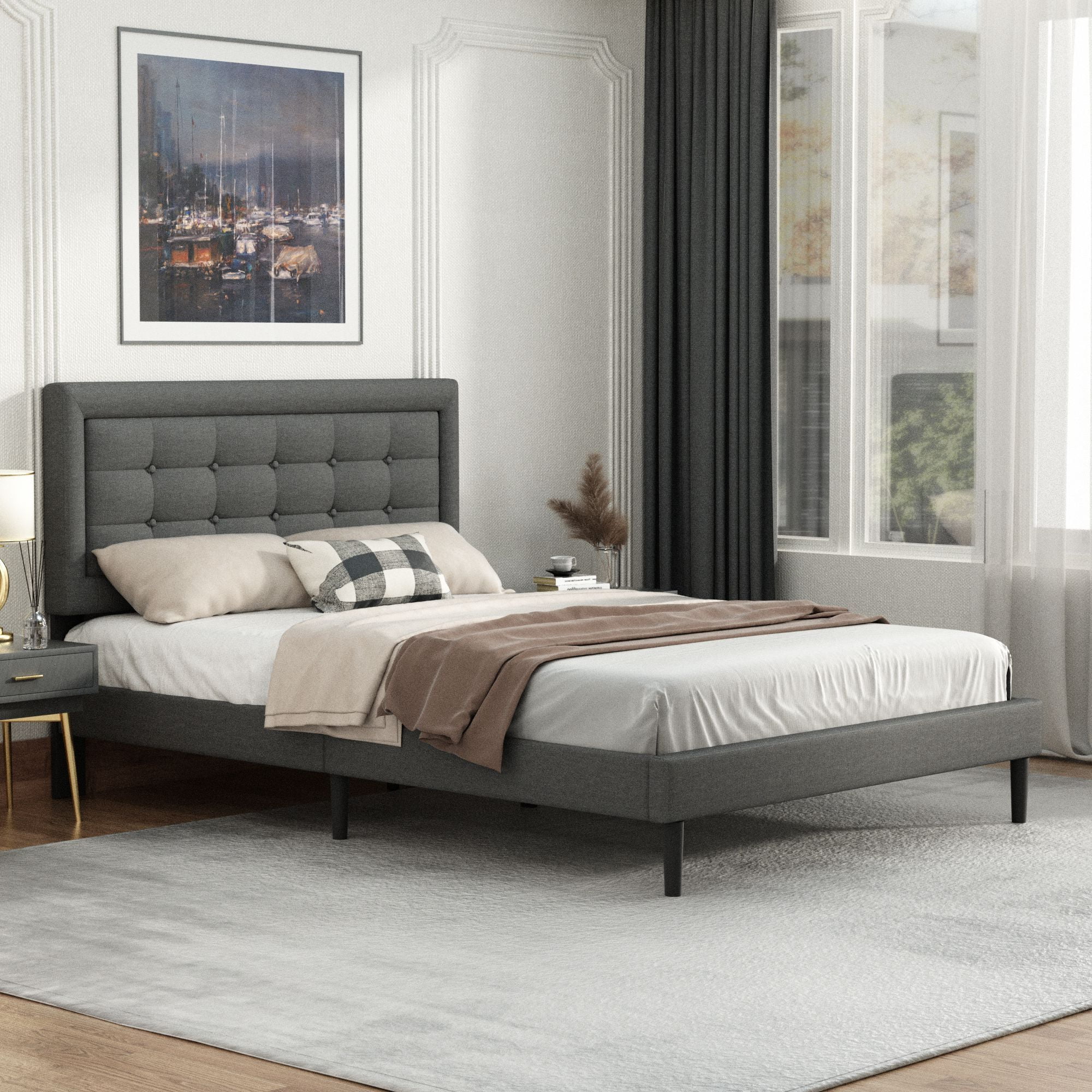 Unizone Full Size Bed Frame with Upholstered Headboard, Modern Tufting Style, Dark Gray
