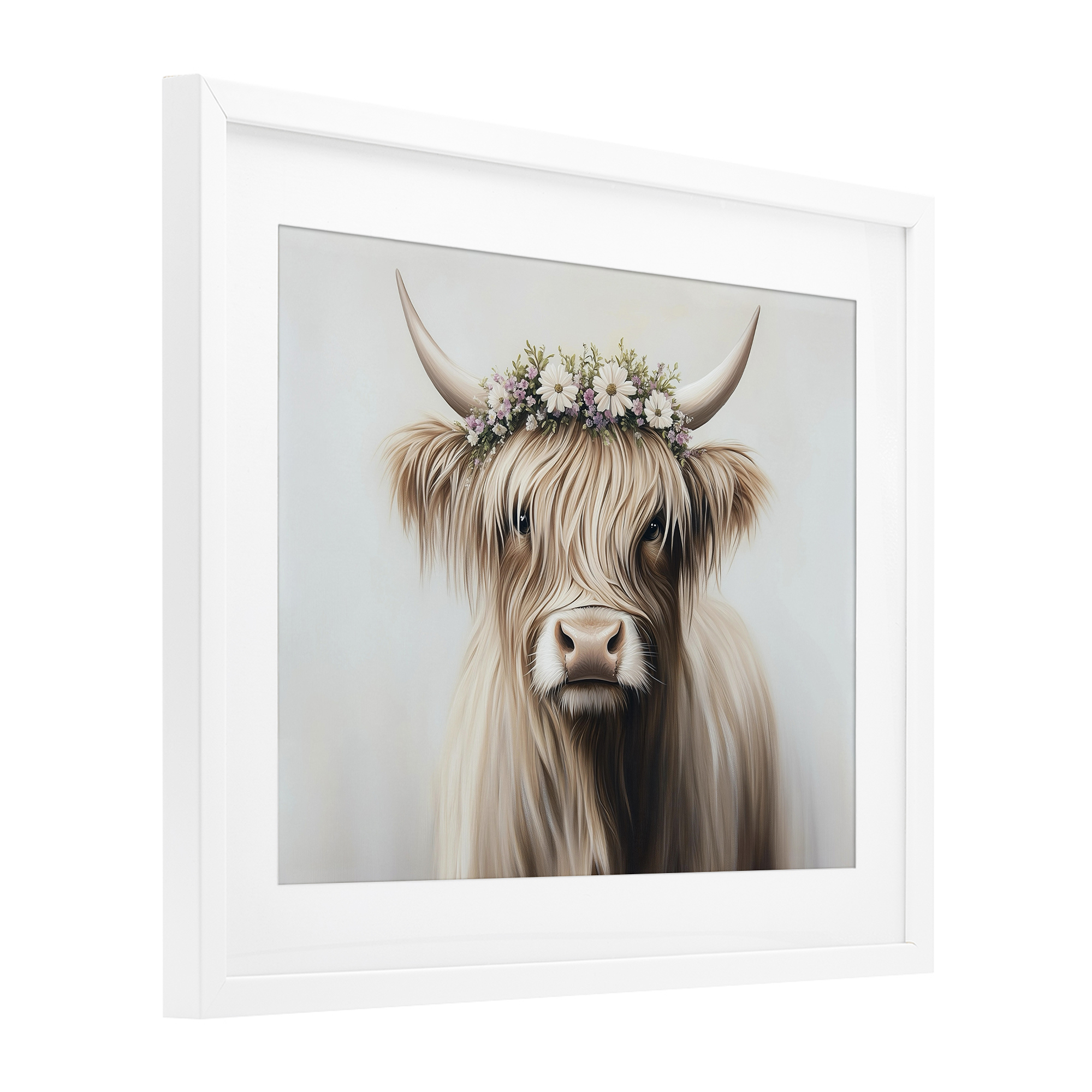 Shaggy Cattle Floral Crown White Framed Print Under Glass, design by Shawna Stewart