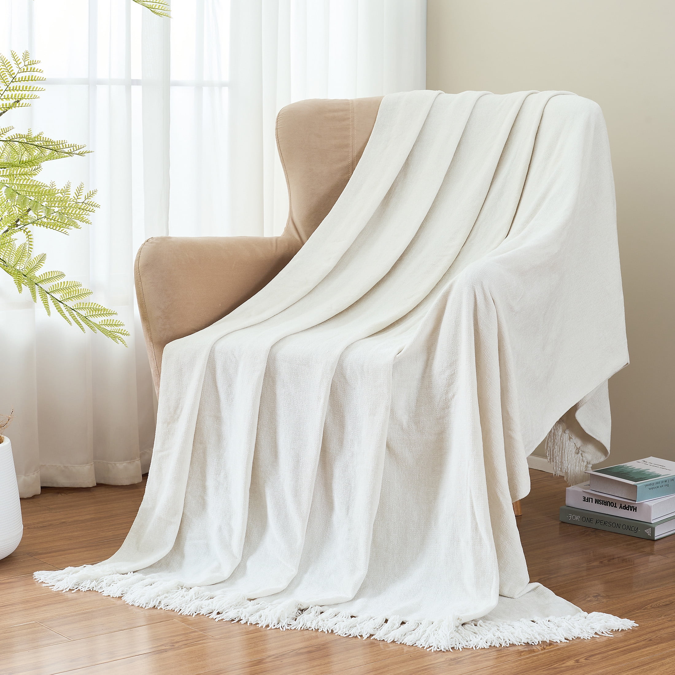 LONG CREATE Chenille Throw Blanket with Fringe Tassel for Couch Sofa Chair Bed, White 60" x 80"