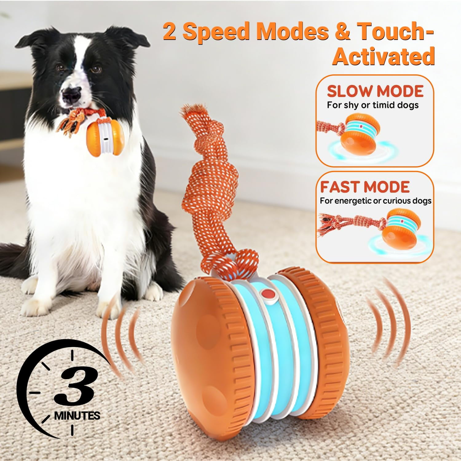 Rolling Dog Toy – Automatic Electric Rolling Pet Toy, Interactive Motion Activated Ball with Rope, Random Movement, 2 Modes, Indoor Play for Boredom Relief