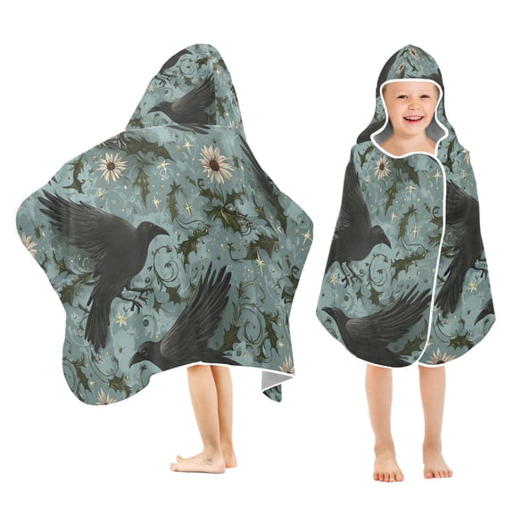 Yayeee Kids Hooded Towel with Hand Pockets Beach Soft Absorbent Bath Wrap 50 x 23.5 inch, Mystic Crows Pattern