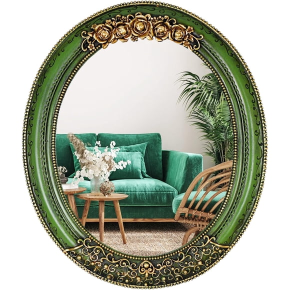 Oval Resin Vintage Mirror, Wall Mounted Decorative Mirror for Entryway, Hallway, Bedroom Oval Mirror 11.8x10 inch (Green)