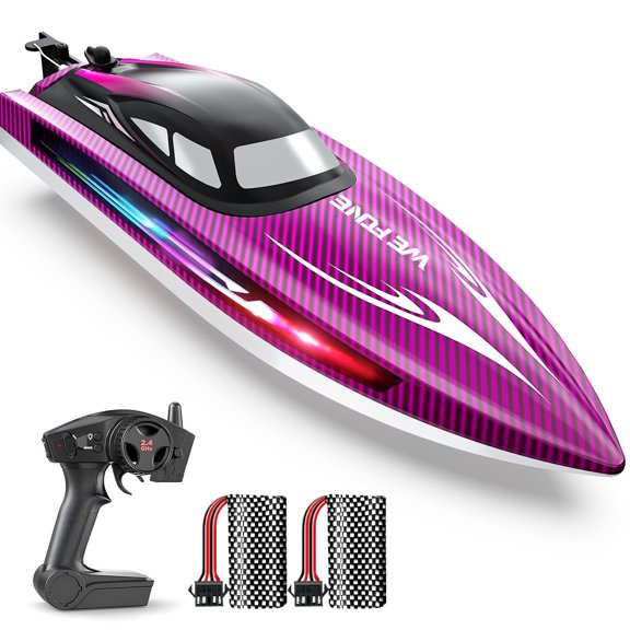 RC Boat for Kids 8-12, Remote Control Boats for Lakes and Pools, Wefone WF17 2.4GHz 15  MPH Fast RC Speed Boat with LED Lights, One-Click Demo, Self-Righting, 2 Batteries Up to 40 Mins, Purple