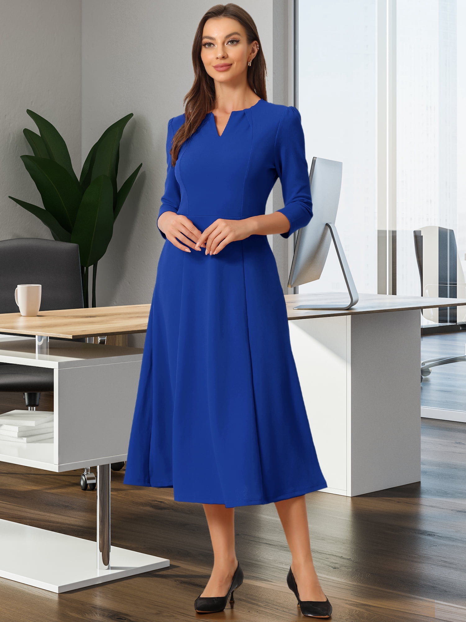 DARING DIVA Work Office Elegant 3/4 Sleeve V Neck A-Line Dress XS Royal Blue