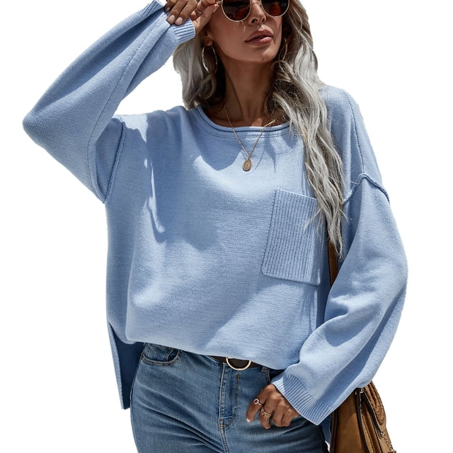Suéter de mujer con cuello redondo y bolsillos y mangas largas: jersey clásico azul para uso informal, talla M