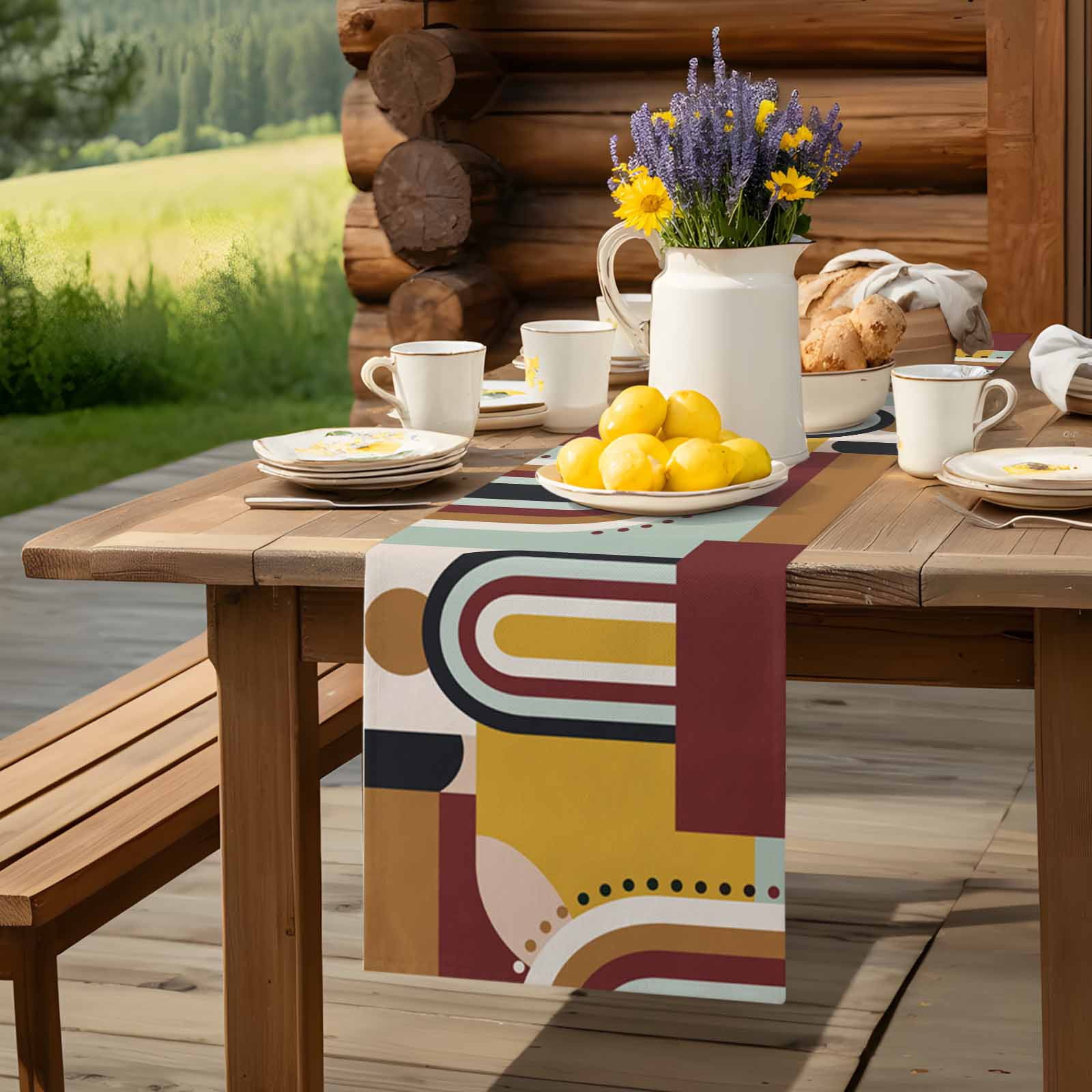 Mid Century Abstract Ethnic Art Table Runner 90 Inches Long, Yellow Brown Geometric Color Block Table Runners Tabletop Scarf Kitchen Dining Tables Decoration for Home Party Indoor Outdoor