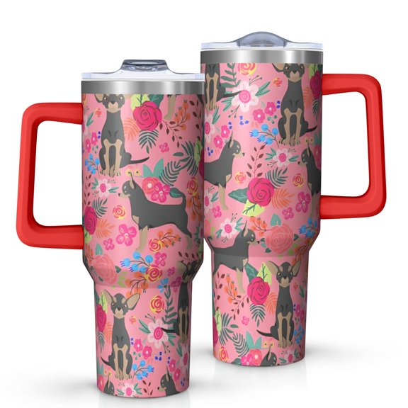 OBREWU Chihuahua and Flower Florals Tumbler with Handle and Lid,Chihuahua and Flower Florals 40oz Double Wall Vacuum Insulated Tumbler,Cups Gift for Women and Men