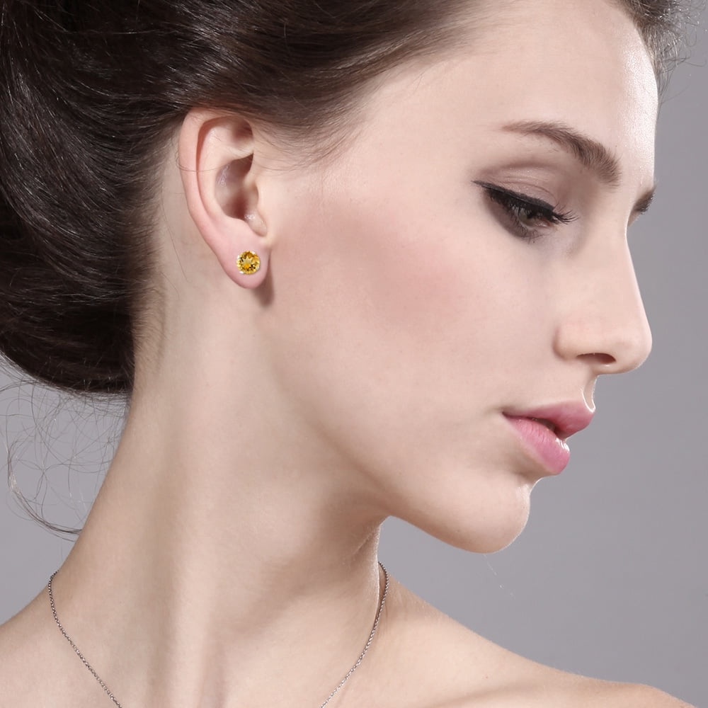 Gem Stone King 2.60 Ct Round Shape Yellow Citrine 925 Sterling Silver Stud Earrings for Women Men