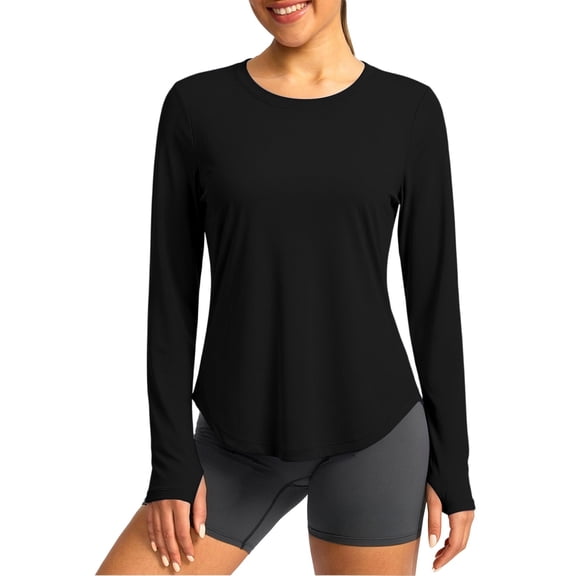 Women's Running Sun Shirts Round Neck Long Sleeve UPF 50 Workout Top UV Athletic Quick Dry Lightweight Blouse with Thumb Hole Black L