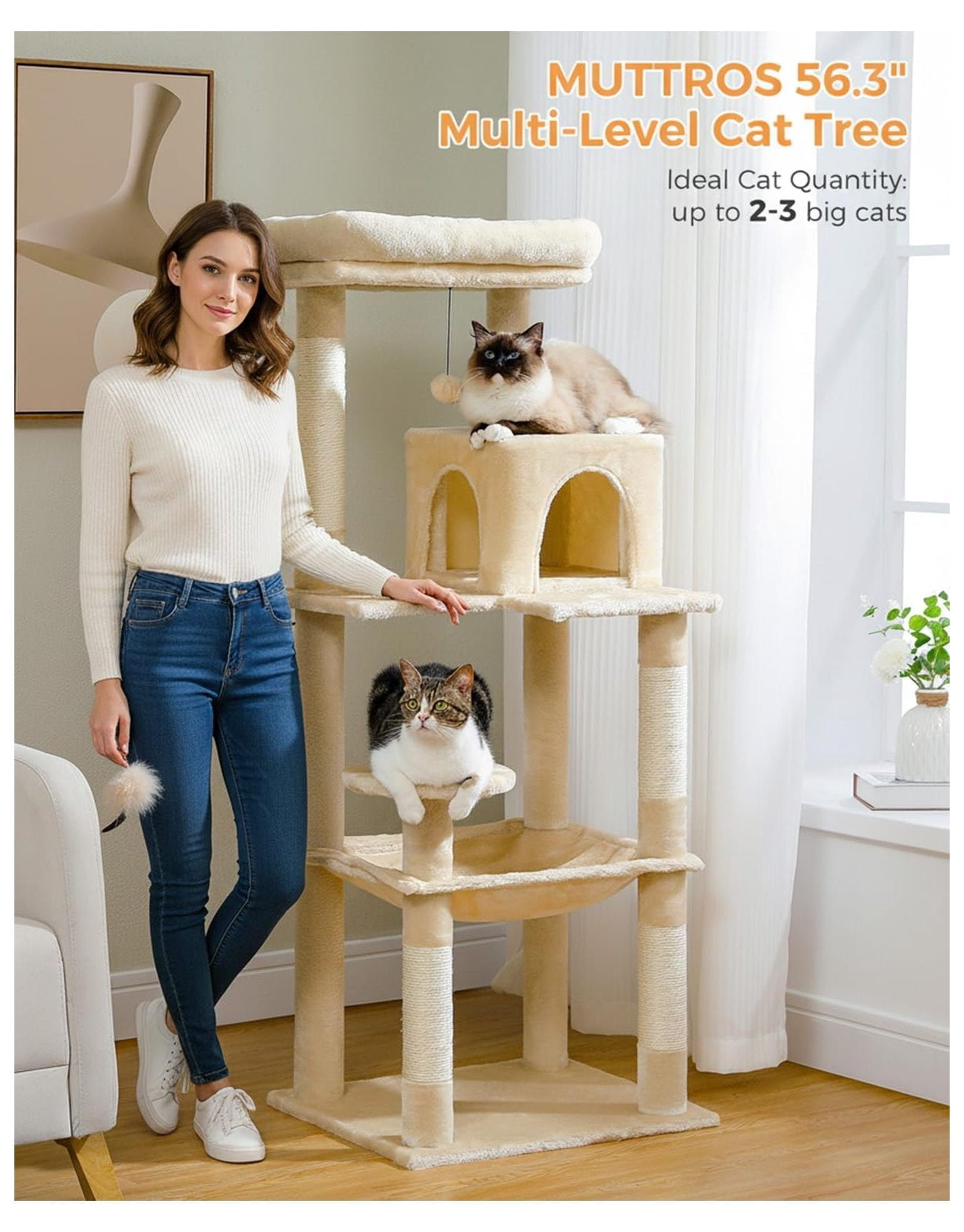 Cat Tree for Large Cats, 56.3" Tower with Hammock & Condo, 6-Tier Cat Shelves, Scratching Posts, Beige