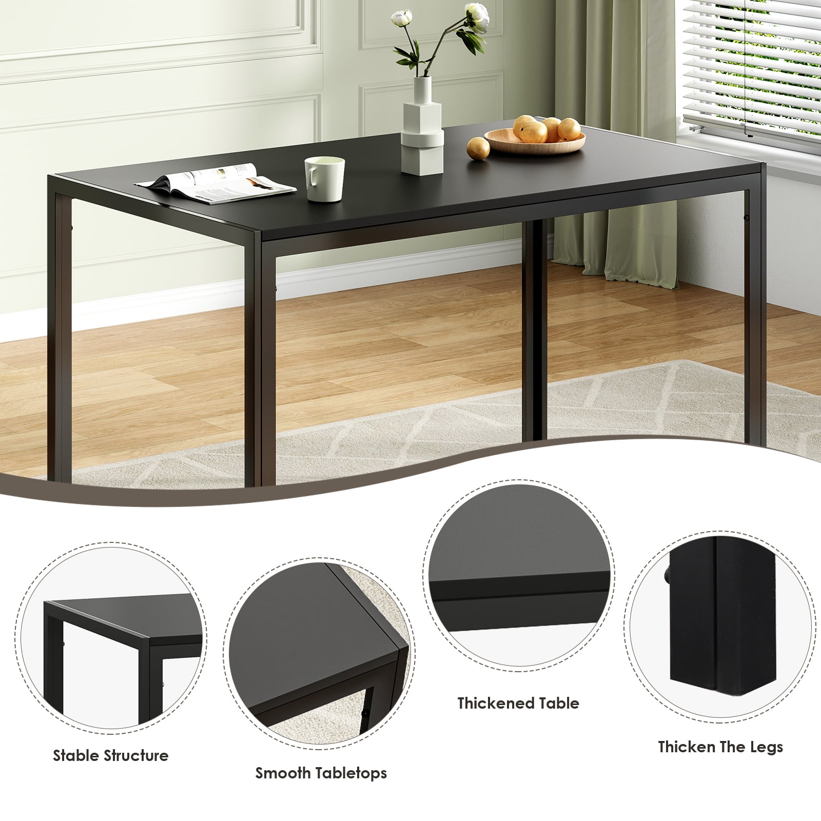 Farini Black Dining Table for 4-6 Person,47" Rectangular Wooden Dining Table Top and Metal Frame for Home Kitchen Dining Desk (47 inch)