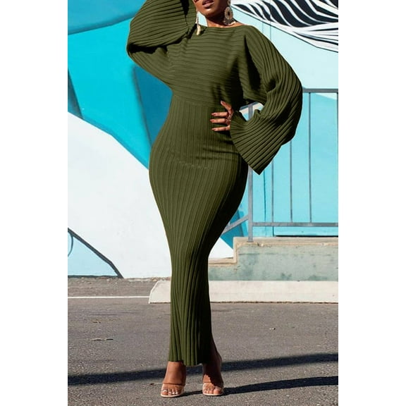 Long Sleeve Solid Pit Hip Dress (S, ArmyGreen)