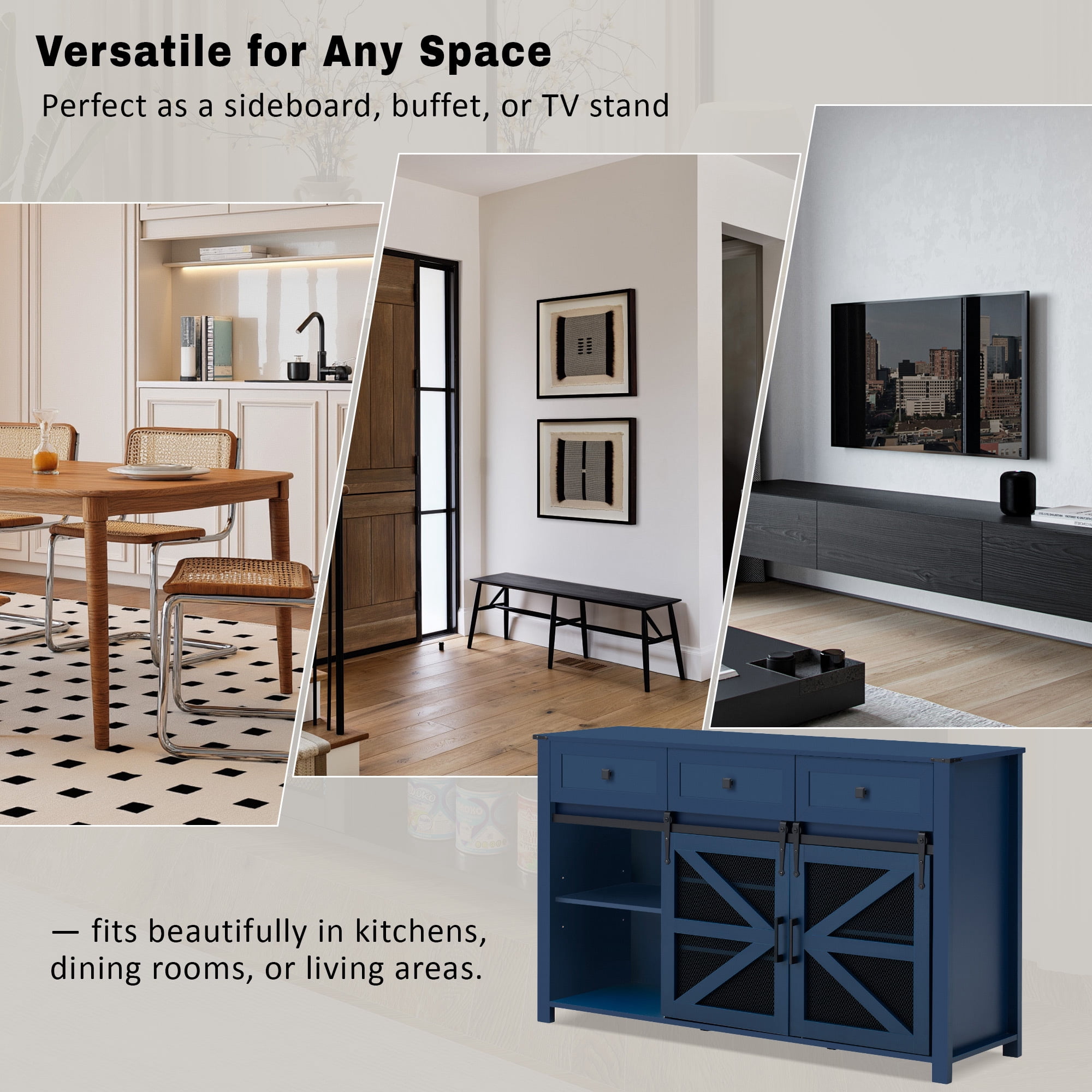 Leumius 55In Sliding Barn Door Sideboard Buffet Cabinet with 3 Drawers, Adjustable Shelves, Metal Mesh & Particleboard Doors, Aluminum Handles, Industrial Storage for Living or Dining Room Blue