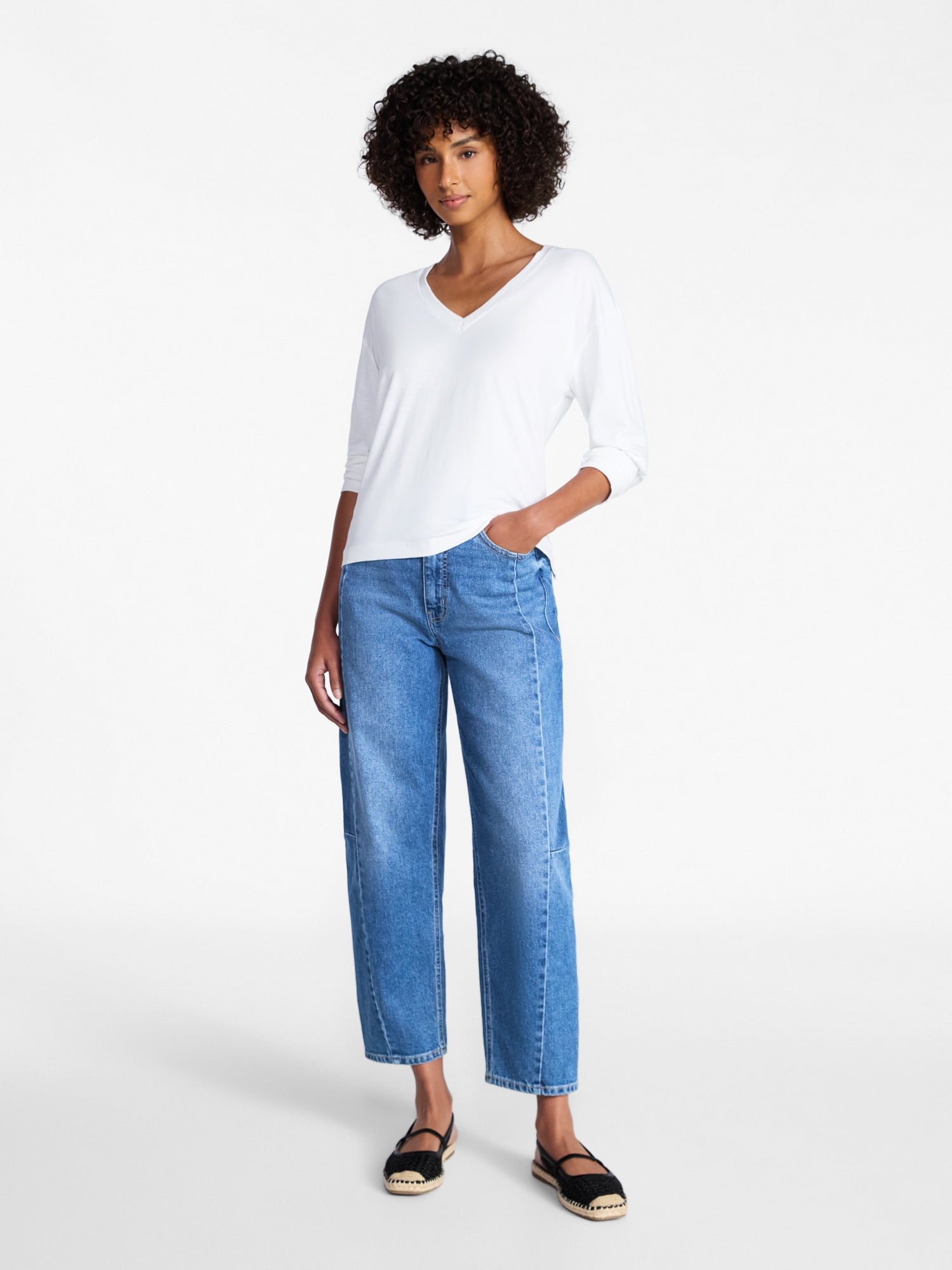 Time and Tru Women's Boxy Slub V-Neck Tee with Long Sleeves, Sizes XS-XXXL