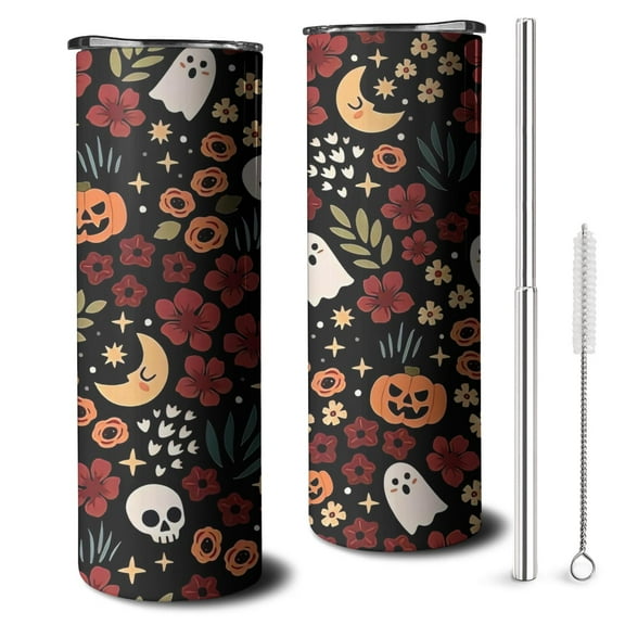 Retro Halloween 20oz Skinny Tumbler with Lid - Pumpkin Black Cat Pattern Insulated Cup