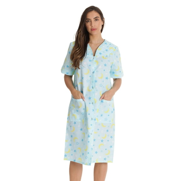 Dreamcrest Women's Seersucker Housecoat Duster - Short Sleeve Snap-Front with Pockets (Aqua - Moon and Stars, Small)